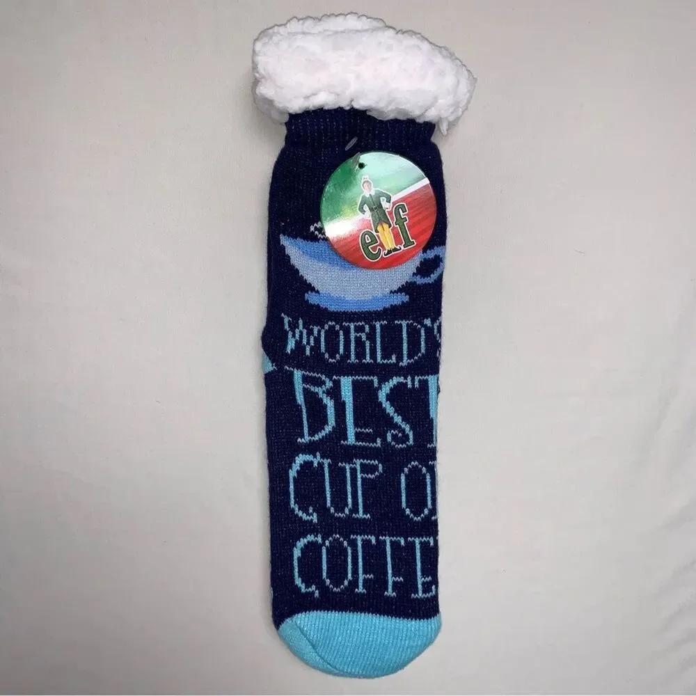 NEW ELF Worlds Best Cup Of Coffee Sherpa Lined Socks Christmas Cozy Winter Warm